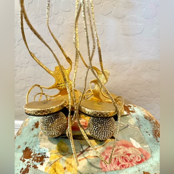 Jeffrey Campbell Le Freak Gold Metallic Tie up Sandal with Rhinestone Heel 6.5 - Picture 5 of 16